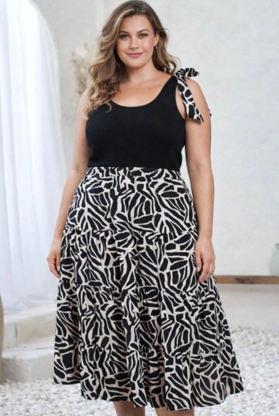 Black & Beige Animal Print Midi Dress – Size 2XL